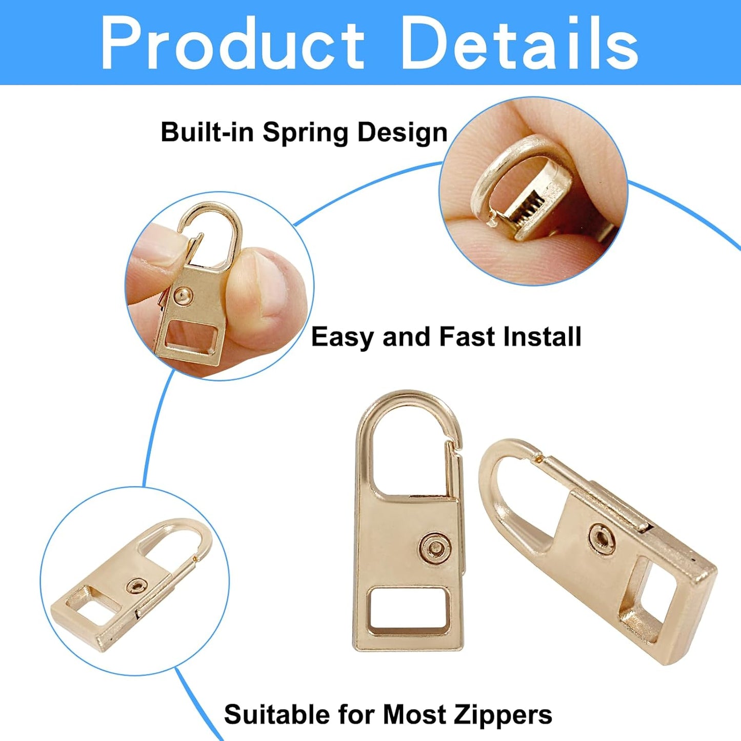 Biaungdo 6 Pcs Zipper Pull Replacement, Detachable Zipper Pull Tabs Slider Metal Luggage Zipper Handle and Fixes for Clothing Jackets Backpacks Handbags Wallet Boots Purse Coat(3 Sizes, Gold)