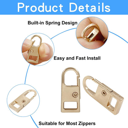 Biaungdo 6 Pcs Zipper Pull Replacement, Detachable Zipper Pull Tabs Slider Metal Luggage Zipper Handle and Fixes for Clothing Jackets Backpacks Handbags Wallet Boots Purse Coat(3 Sizes, Gold)