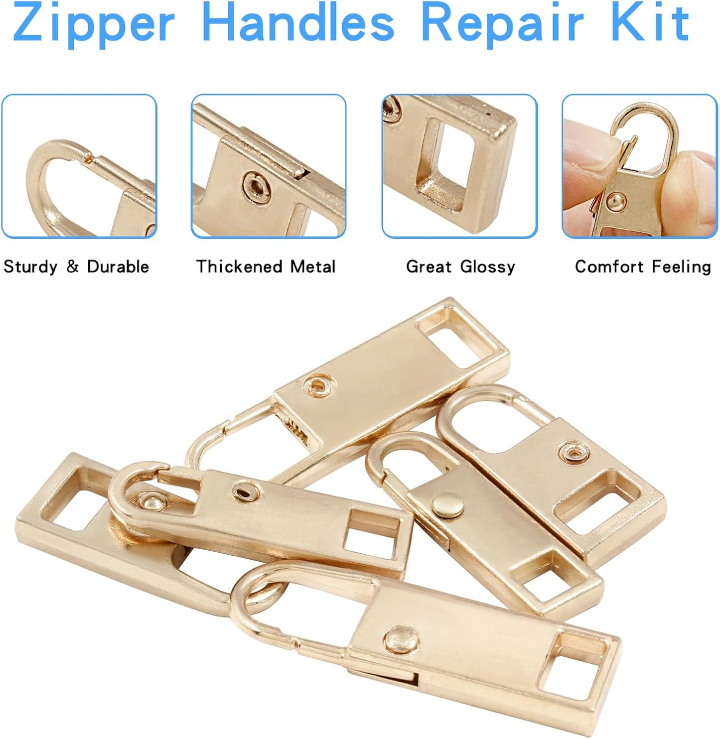 Biaungdo 6 Pcs Zipper Pull Replacement, Detachable Zipper Pull Tabs Slider Metal Luggage Zipper Handle and Fixes for Clothing Jackets Backpacks Handbags Wallet Boots Purse Coat(3 Sizes, Gold)