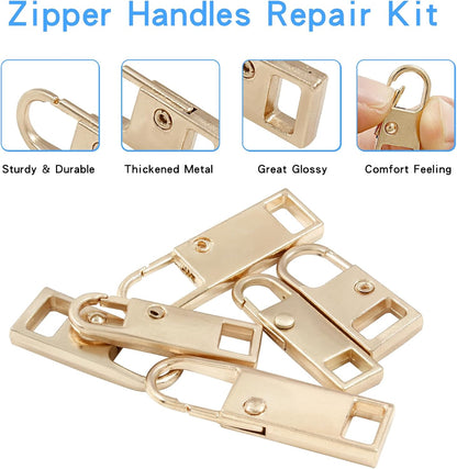 Biaungdo 6 Pcs Zipper Pull Replacement, Detachable Zipper Pull Tabs Slider Metal Luggage Zipper Handle and Fixes for Clothing Jackets Backpacks Handbags Wallet Boots Purse Coat(3 Sizes, Gold)