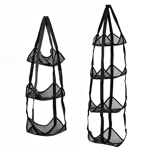 Black hanging mesh storage bag with three inner compartments and sturdy straps