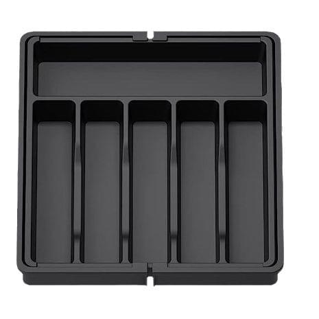 Black cutlery tray organizer with multiple utensil slots and open lid