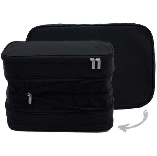 Black clothing storage bag set with two compartments and double zip openings