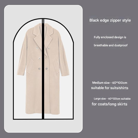 Hanging translucent garment cover with black zipper edge, coat shown inside