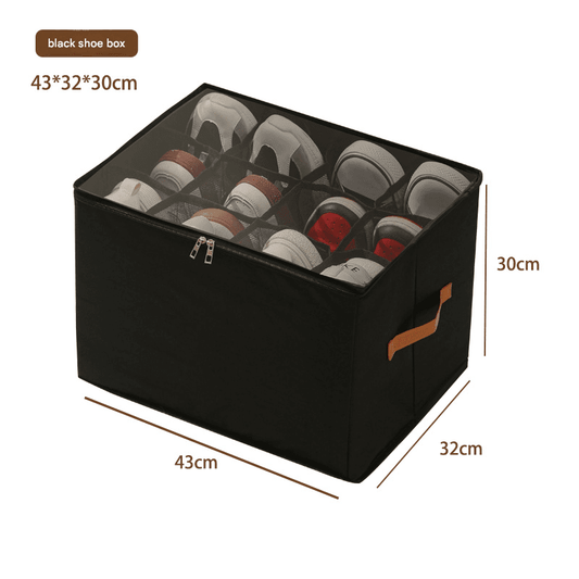 Black fabric shoe storage box with clear mesh top and front compartment windows