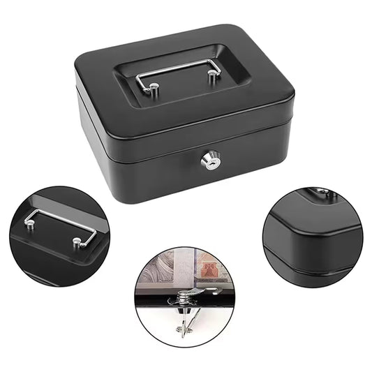Lockable black metal cash box with handle, key lock, and removable cash tray