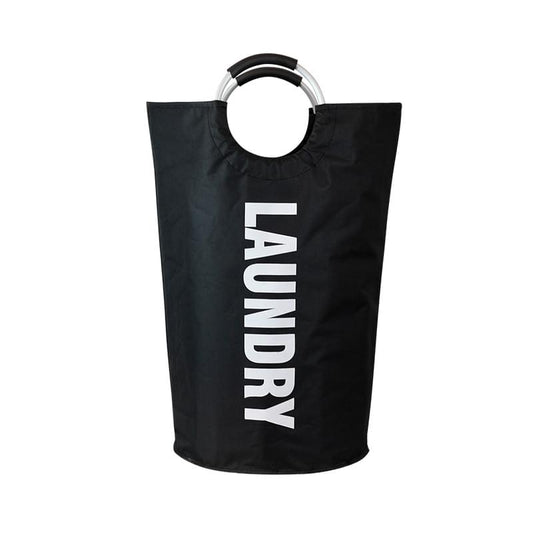 Black Oxford fabric laundry hamper with circular carry handles