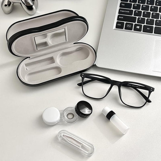 Dual-layer eyewear case with mirror insert and lens care tools with bottles