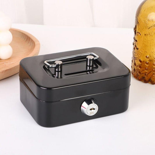 Black lockable metal cash box with coin slot and key lock, top handle