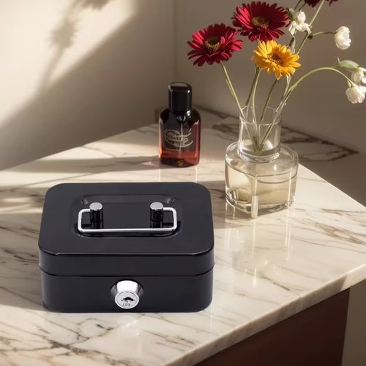 Black lockable metal cash box with coin slot and round key lock