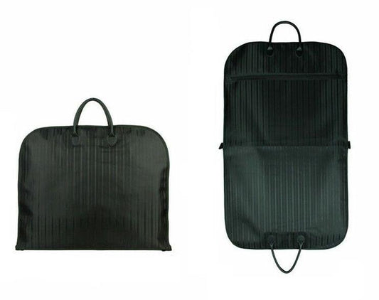 Black zippered dustproof garment bag with handles, shown folded and upright.