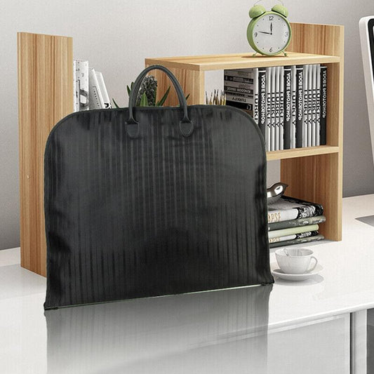 Black dustproof suit cover garment bag with top handles and front zipper.