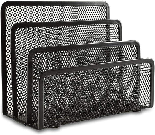 Black metal mesh organizer bins set with open fronts, stacked for desk storage