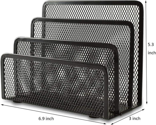 Black metal mesh organizer bin set with open front, sized 5.3 in tall by 6.9 in wide