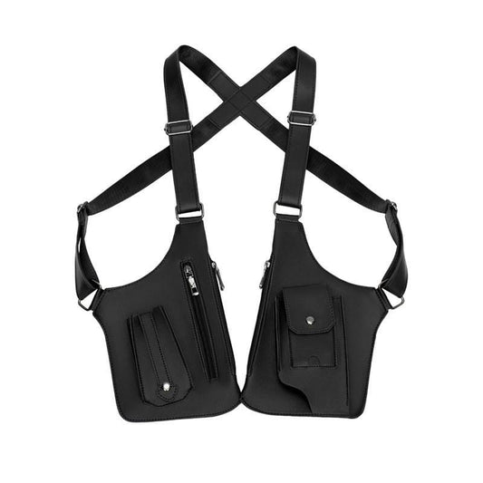 Black chest rig bag with two front zip pockets, cross-strap harness and buckles