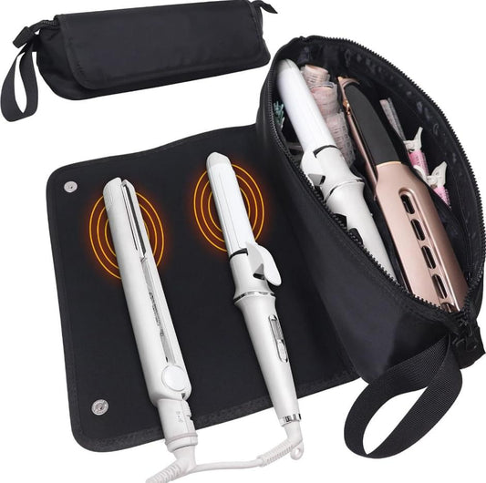 Black roll-up travel case with shoulder strap and front zip storage pockets