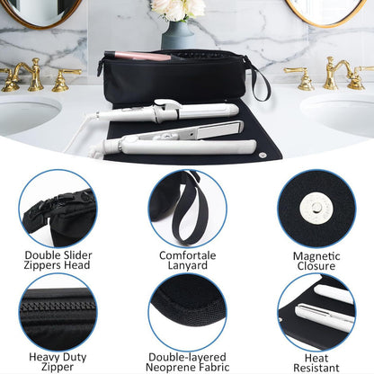 Black Premium Insulated Roll-Up Travel Case for Hair Styling Tools & Blow Dryers with Muti-Pockets (18x5.5x5 Inch)