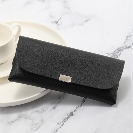 Black slim PU leather eyeglass pouch with snap flap and square metal tab