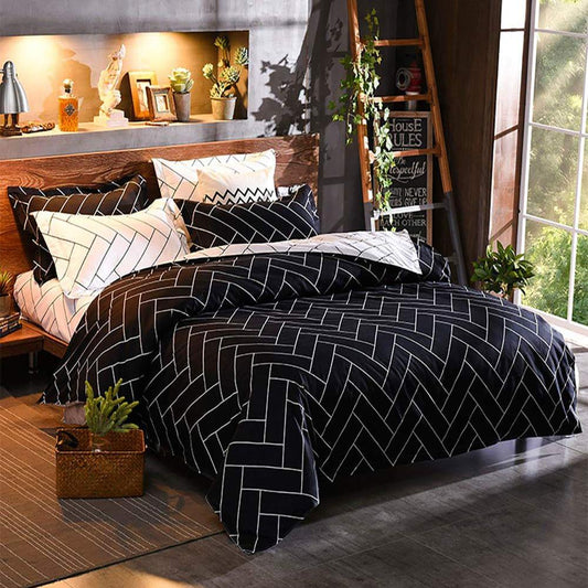 Black and white duvet quilt cover set with geometric zigzag lines and pillowcases
