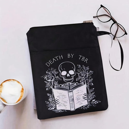 Black book sleeve with skull and roses graphic, zip top and wrist handle.