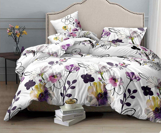 Super king duvet cover set with white floral print and purple, pink accents