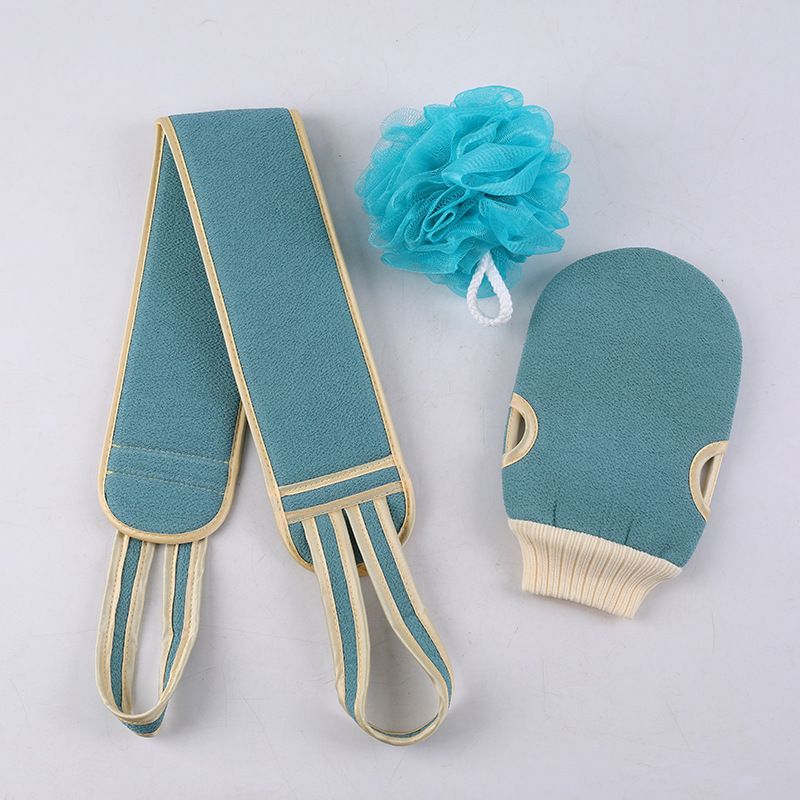 Blue 3-Piece Exfoliating Bath Set with Long-Handle Back Scrubber, Exfoliating Glove & Loofah Sponge for Deep Cleansing