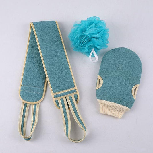 Three-piece exfoliating bath set with blue back scrubber towel, mitt, and loofah sponge
