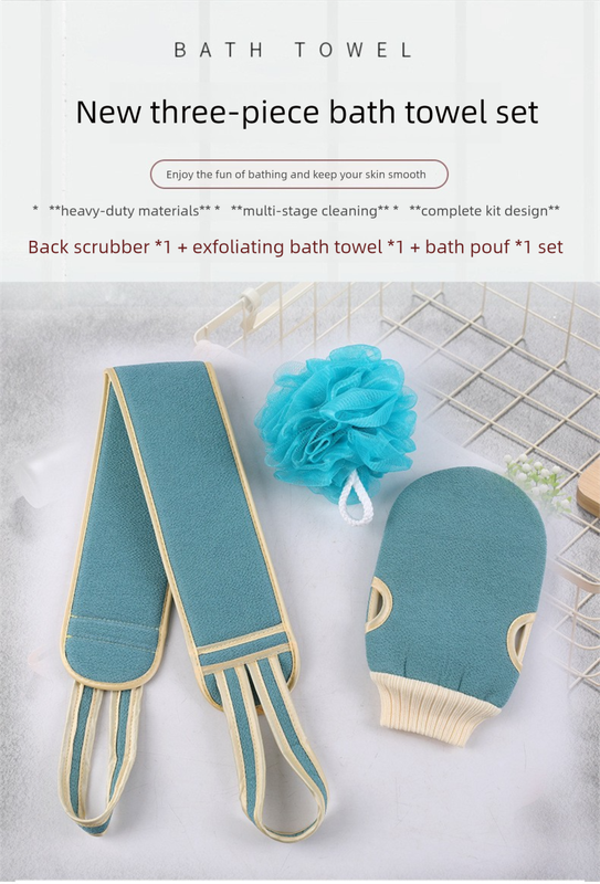 Blue 3-Piece Exfoliating Bath Set with Long-Handle Back Scrubber, Exfoliating Glove & Loofah Sponge for Deep Cleansing