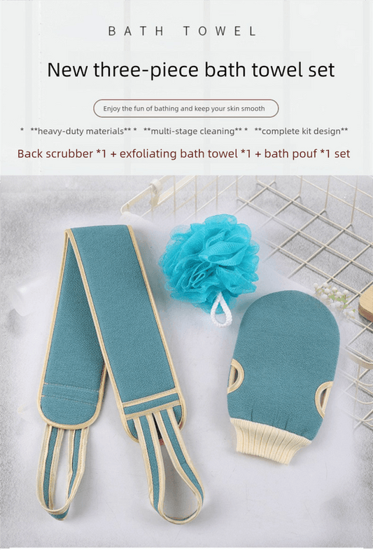 Three exfoliating bath tools in blue: back scrubber towel, mitt, and mesh loofah