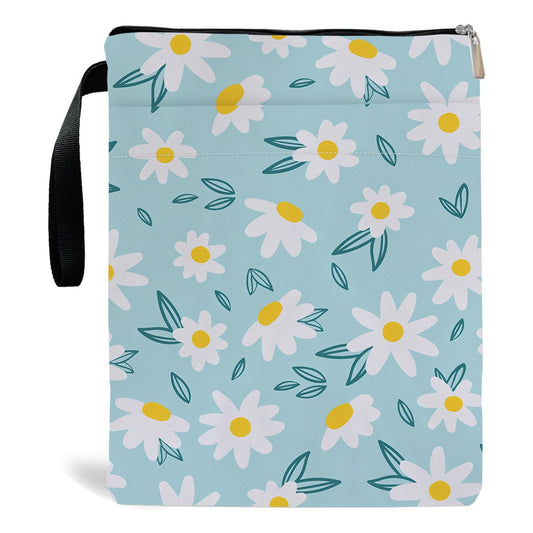 Floral book or tablet cover with zipper pocket; light blue with pale flowers and green leaves