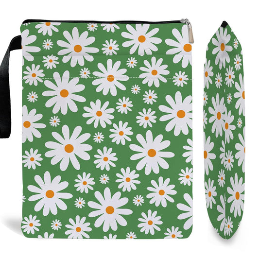 Floral book or tablet cover with zipper pocket; green background with white daisies and orange centers