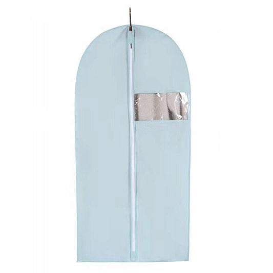 Light blue dustproof garment cover bag with long zipper and clear window