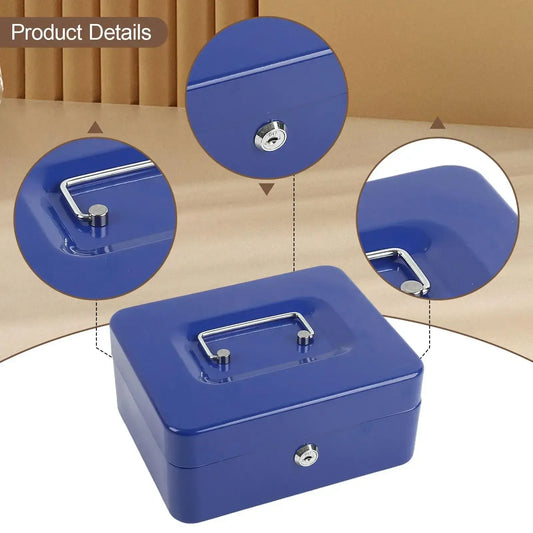 Blue lockable metal cash box with key lock and removable tray, portable handle on top