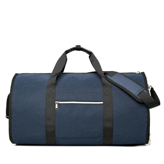 Blue duffel bag with dark carry handles, side zipper, and wide shoulder strap