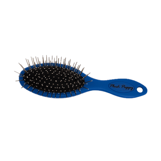 Blue pocket pin brush with oval black base and silver pins, Plush Puppy handle