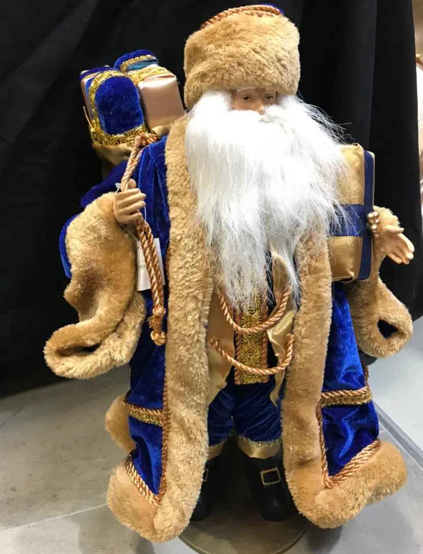 Blue Velvet Standing Santa Claus Christmas Ornament – Luxury Holiday Figure Decoration 52cm approx