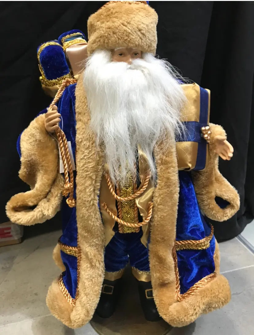 Blue Velvet Standing Santa Claus Christmas Ornament – Luxury Holiday Figure Decoration 52cm approx