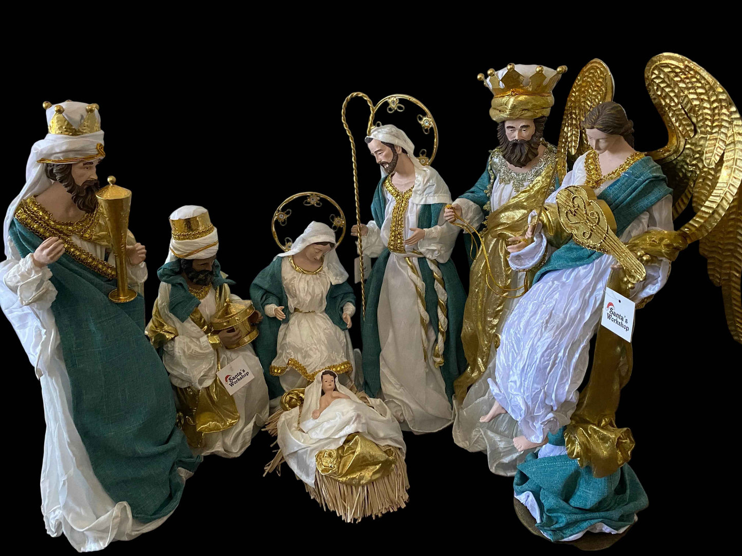 Blue White Christmas Religious Handmade Nativity Set with Manger and Angel 35 - 50 cm Approx