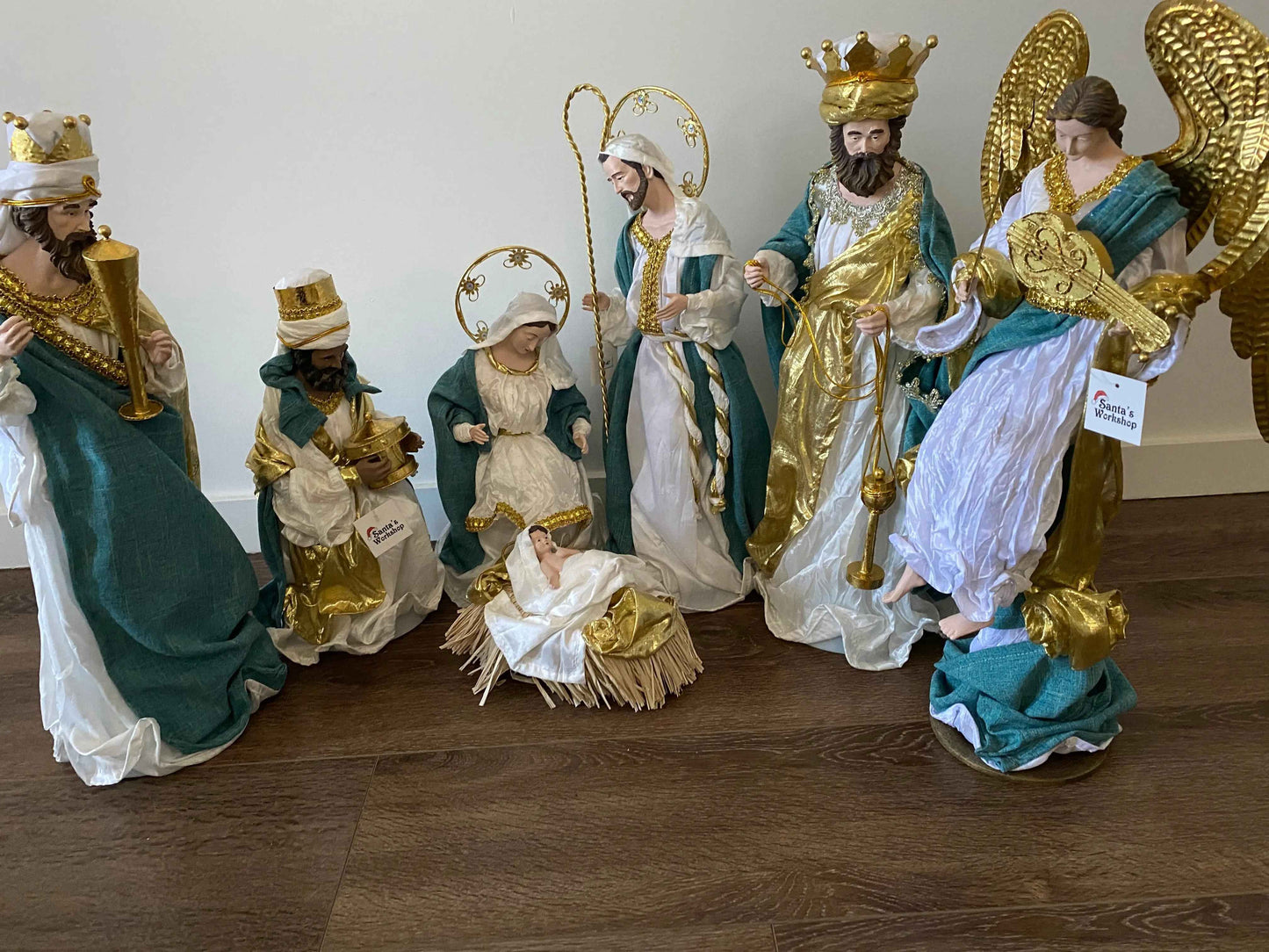 Blue White Christmas Religious Handmade Nativity Set with Manger and Angel 35 - 50 cm Approx