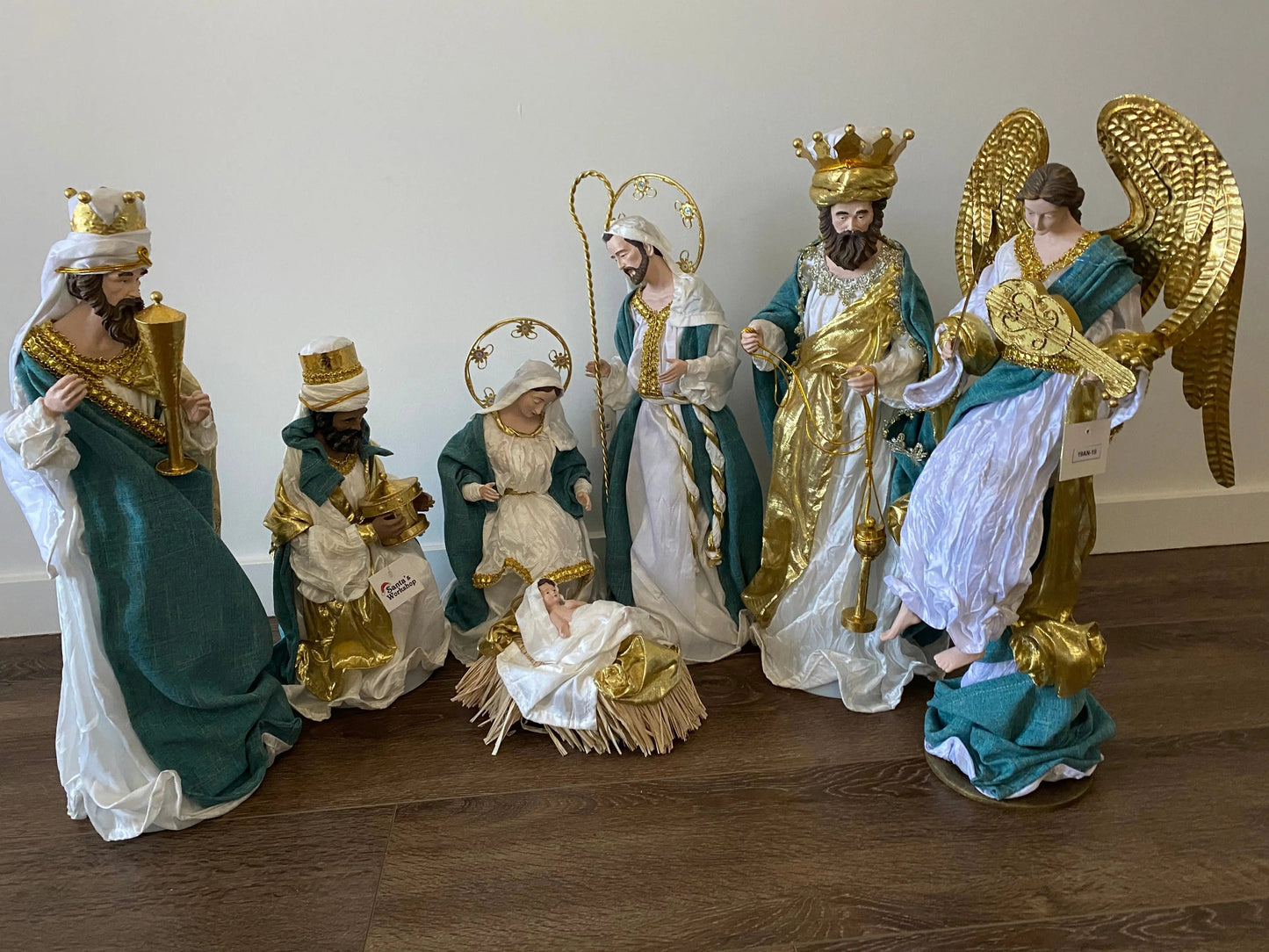 Blue White Christmas Religious Handmade Nativity Set with Manger and Angel 35 - 50 cm Approx