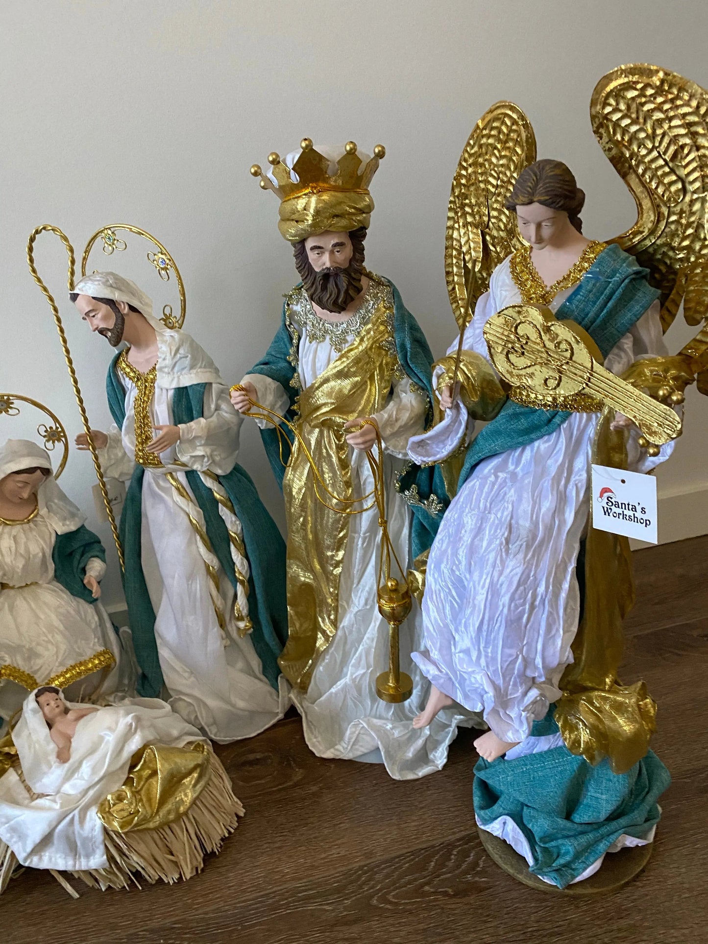 Blue White Christmas Religious Handmade Nativity Set with Manger and Angel 35 - 50 cm Approx