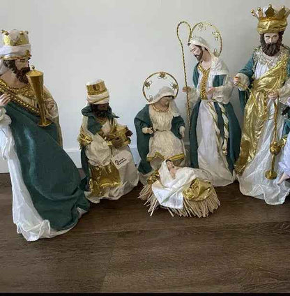 Blue & White Handmade Christmas Nativity Set with Manger – Religious Holy Family Decoration (35–50cm Approx.)