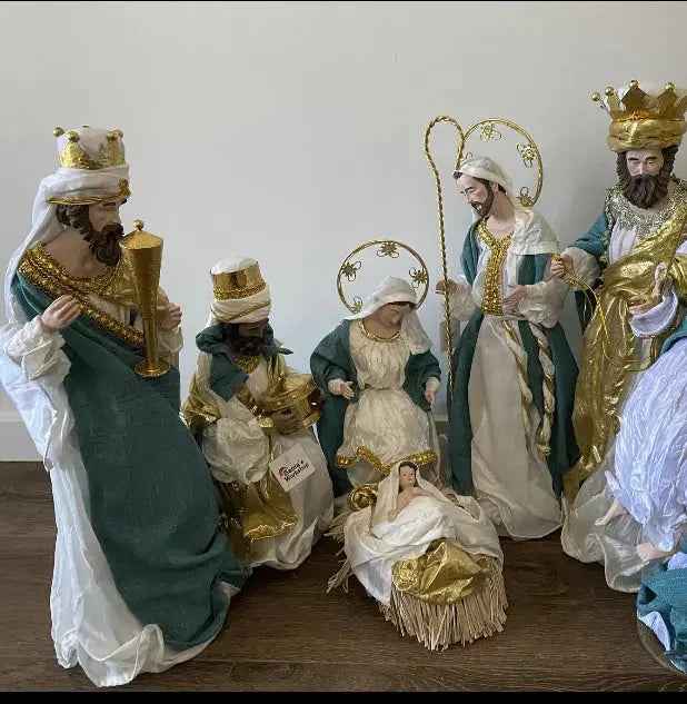 Blue & White Handmade Christmas Nativity Set with Manger – Religious Holy Family Decoration (35–50cm Approx.)
