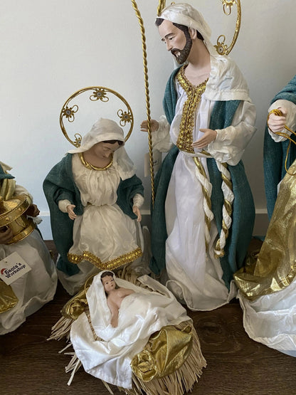 Blue & White Handmade Christmas Nativity Set with Manger – Religious Holy Family Decoration (35–50cm Approx.)