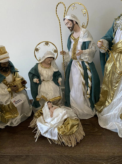 Blue & White Handmade Christmas Nativity Set with Manger – Religious Holy Family Decoration (35–50cm Approx.)