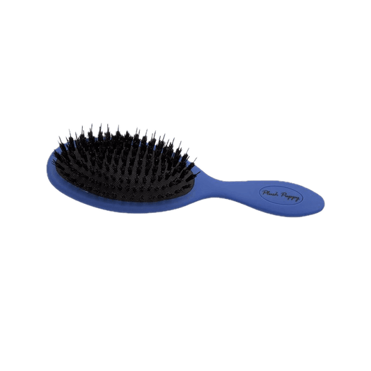 Porcupine hair brush with black bristles on blue oval pad and blue handle
