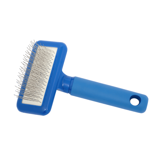 Blue compact slicker brush with long metal pins and loop handle