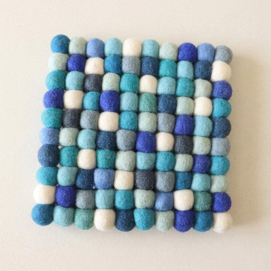 Handmade wool felt trivet heat mat, square with multicolor ball pattern