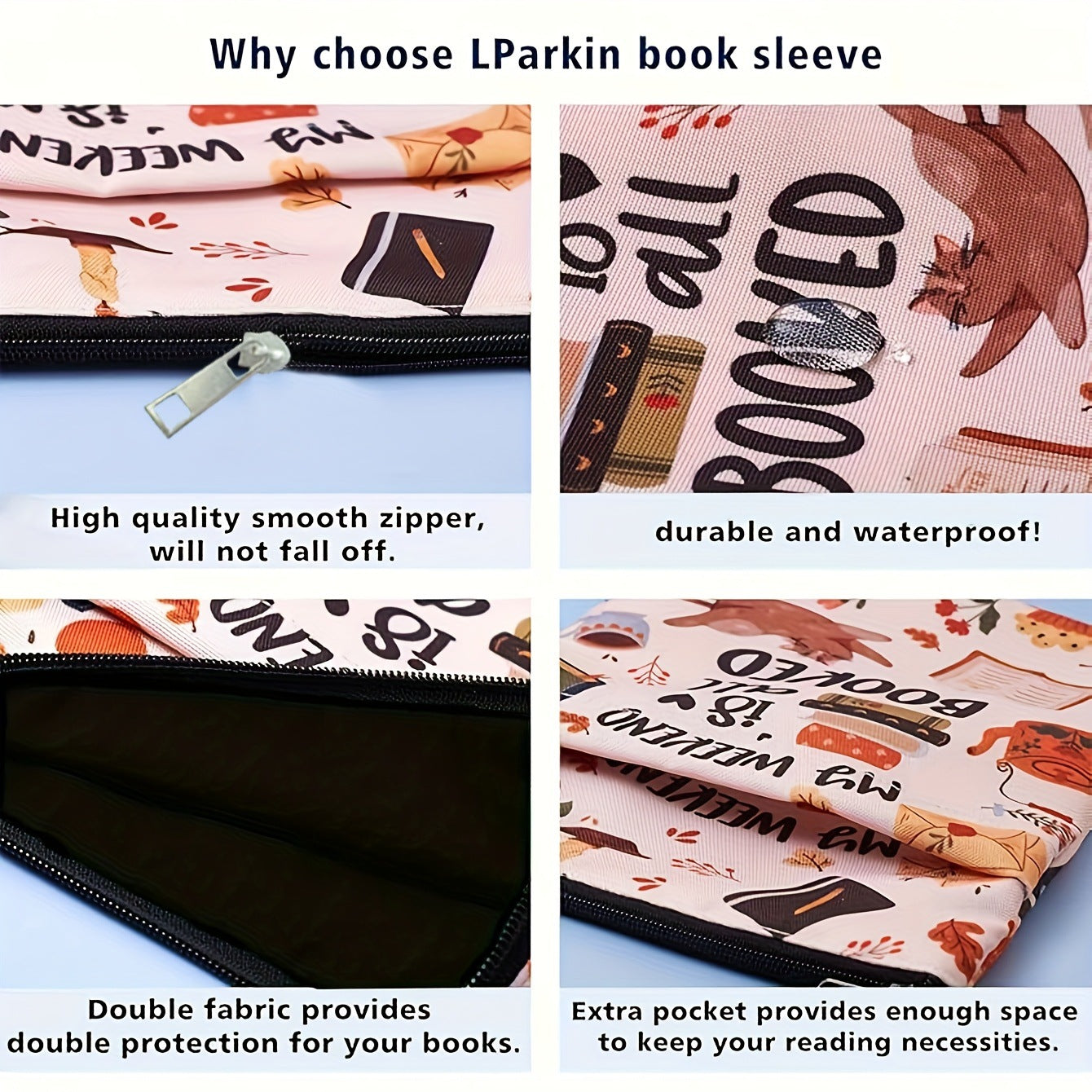 Bohemian check Zippered Book Sleeve with Printed Design – Waterproof Protective Cover for Books, Ideal for Readers and Students with Extra Pocket & Carry Strap