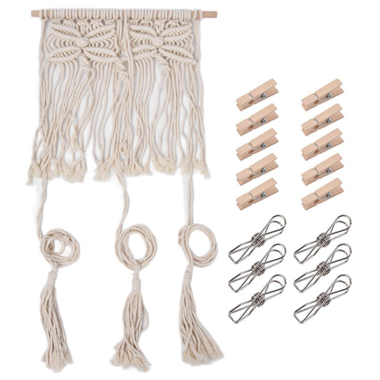 Boho rope wall hanging rack with woven panel and three hanging loops for caps